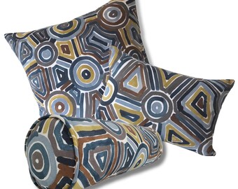 Songlines Slate Pillow Cover - Abstract Geometric in Navy Blue, Blue-Gray, Brown, Gold Tones - Available in a range of pillow covers styles