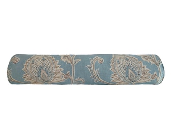 Aqua Blue Floral Jacobean Bolster Pillow Cover - Linen Cotton - Chic Botanical Decor - Available in Various Pillow Styles and Sizes