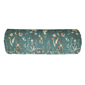 Teal Wildflower Botanical Floral Bolster Pillow Cover - Floral Botanical Block Print Pillow - Bolster Pillow Cover - Long Bolster Pillow