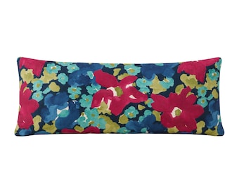 Colorful Floral Lumbar Pillow Cover, Navy Blue & Pink Pillow, 100% Cotton