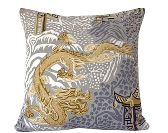 Vern Yip Pagodas Dragon Throw Pillow Cover in Citrine - Modern Chinoiserie Dragon Pillow - Available in Lumbar,  Bolster, Euro Sham Sizes