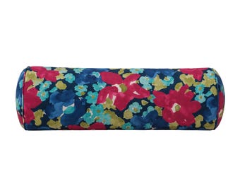 Colorful Floral Bolster Pillow Cover, Navy Blue & Pink Pillow, 100% Cotton