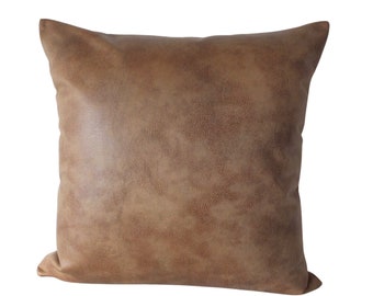 Modern West Texas Faux Leather Throw Pillow Cover in Vintage Tan / Available in Lumbar, Bolster, Throw, Euro Sham Sizes