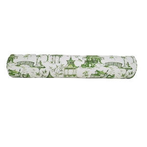 Pagodas Jade Asian Toile Print Pillow Cover - Modern Chinoiserie Bolster Pillow – Choose from Lumbar, Throw, Bolster, and Euro Sham Sizes