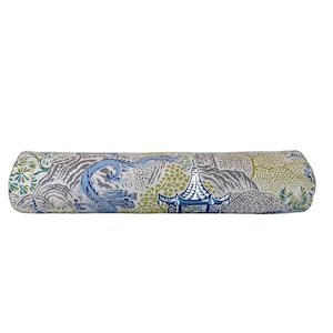 Vern Yip Cobalt Pagodas Dragon Bolster Pillow Cover - Modern Chinoiserie Dragon Pillow - Bolster Pillow Cover- Long Bed Bolsters - Handmade