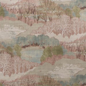 May include: A repeating pattern of a landscape scene with rolling hills, trees, and small bodies of water. The color palette includes shades of green, brown, pink, and blue, creating a soft, natural aesthetic. The design is suitable for fabric or wallpaper.