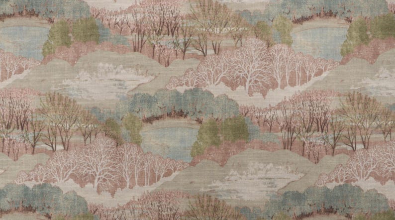 May include: A repeating pattern of a landscape scene with rolling hills, trees, and small bodies of water. The color palette includes shades of green, brown, pink, and blue, creating a soft, natural aesthetic. The design is suitable for fabric or wallpaper.