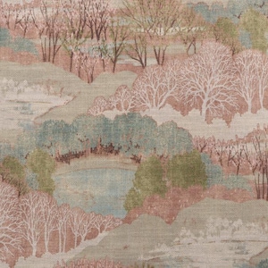 Close-up of the pastel landscape linen fabric featuring delicate trees, rolling hills, and soft blush pink, sage green, cream, and blue tones.