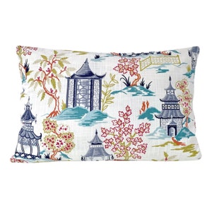 Ballard Designs Soki Blue Pillow Cover - Pagoda Toile Pillow Cover - Asian Inspired Bolster, Lumbar, Throw, and Euro Sham Cover