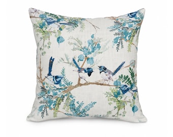 Vivien Floral Bird Throw Pillow Cover, Botanical Watercolor Garden, 100% Cotton