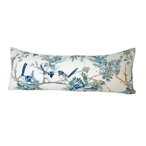 Vivien Floral Bird Lumbar Pillow Cover, Botanical Long Throw Pillow, 100% Cotton