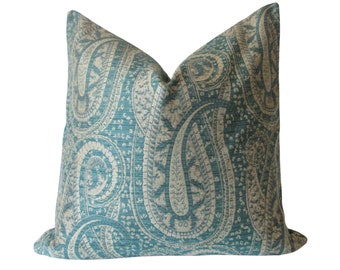 Paisley Pillow Cover in Teal Turquoise Champagne - Available in Bolster, Lumbar, Throw Pillow Sizes