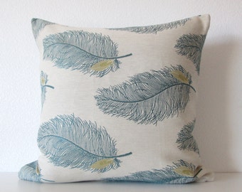 Decorative pillow cover Cream - Teal - Feathers - Throw Pillow Cover