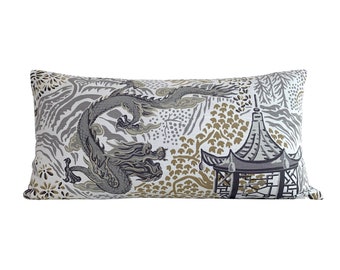 Authentic Vern Yip Pagodas Dragon  Lumbar Pillow Cover in Grey - Modern Chinoiserie Pillow - Available in Bolster, Lumbar, Euro Sham Sizes