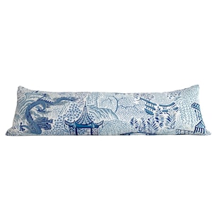 Vern Yip Pagodas Dragon Pillow Cover in Classic Blue - Chinoiserie Blue White Asian Dragon - Available in Bolster, Lumbar, Throw Sizes