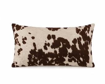 Faux Cowhide Lumbar Pillow Cover – Velvet Brown Cow Print, Heritage Style