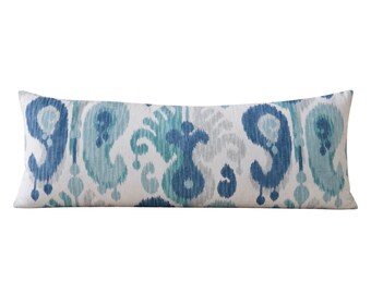 Blue Ikat Lumbar Pillow Cover, Ballard Designs Andros Ikat, Linen
