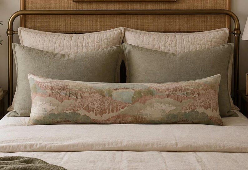 Decorative pastel landscape extra long lumbar pillow styled on a neutral bed with sage green accent pillows, woven textures, and warm traditional décor. This long linen lumbar pillow adds English cottage, countryside, grandmillennial, and heirloom-inspired charm to a bedroom while creating a soft, elegant, and inviting focal point.