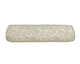 Kalami Linen Neutral Cream Floral Pillow Cover - Modern Botanical Block Print - Available in Bolster, Lumbar, and Throw Sizes