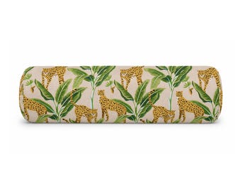 Tropical Cheetah Outdoor Bolster Pillow Cover, Palm Leaf Decorative Pillow