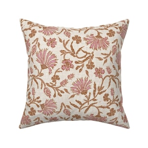 Kalami Linen Pink Cream Tan Floral Pillow Cover Modern Floral Botanical Block Print Inspired Available in Lumbar, Bolster, Throw Sizes image 5