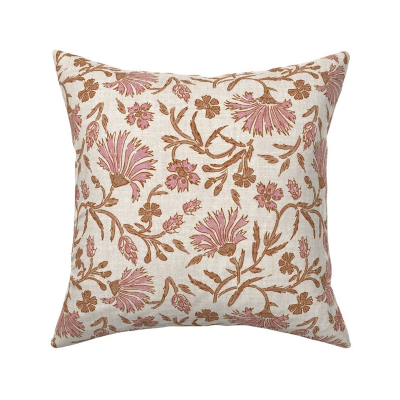 Kalami Linen Pink Cream Tan Floral Pillow Cover Modern Floral Botanical Block Print Inspired Available in Lumbar, Bolster, Throw Sizes image 5