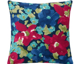 Colorful Floral Throw Pillow Cover, Navy Blue & Pink Pillow, 100% Cotton