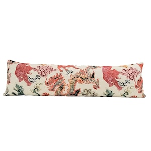 Modern Chinoiserie Dragon Tiger Pillow Cover - Tibetan Tiger and Asian Dragon Decor - 100% Cotton - Available in a variety of pillow styles