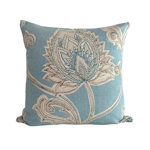 Aqua Blue Floral Jacobean Throw Pillow Cover - Linen Cotton - Chic Botanical Decor - Available in Various Pillow Styles and Sizes