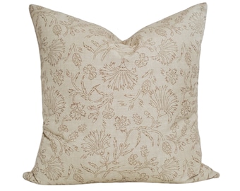 Boho Chic Kalami Linen Neutral Cream Throw Pillow Cover - Modern Floral Block Print Pillow - Available in Lumbar, Throw, and Bolster Sizes