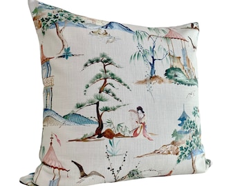 Okayama in Flax Throw Pillow Cover - Chinoiserie Asian Toile Pillow - Chinoiserie Pillow Cover - Available Lumbar, Throw, Euro Sham Sizes