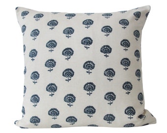 Indigo Blue Fleur Throw Pillow Cover - Block Print Pillow - Available in Bolster, Lumbar Throw Pillow Sizes