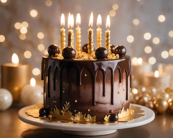 Chocolate Birthday Cake Print, Candlelight Dessert Decor (Digital Download)