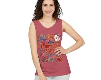 May include: A red sleeveless tank top with a baseball themed graphic. The graphic features a baseball, a bat, and the text "Hey Batter Batter Swing".
