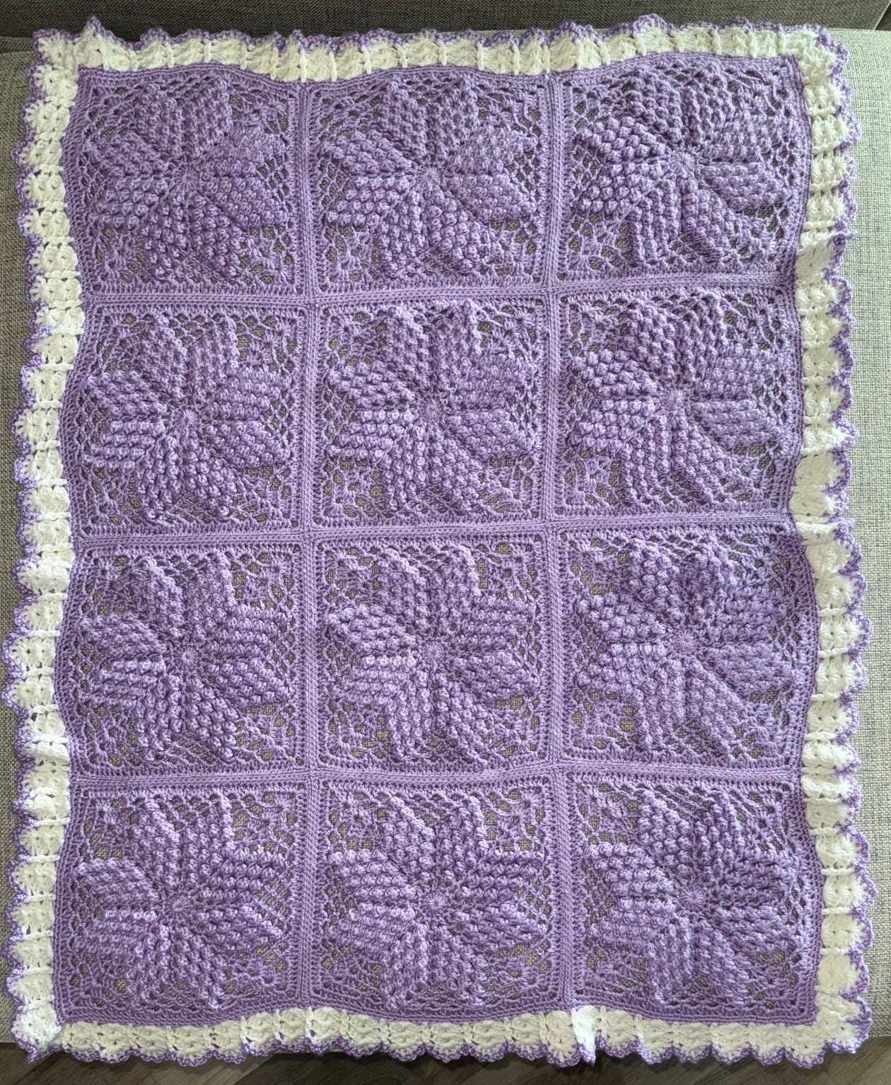Crocheted Baby Blanket: Lavender & White Popcorn Stitch with Lace - Thumbnail 3
