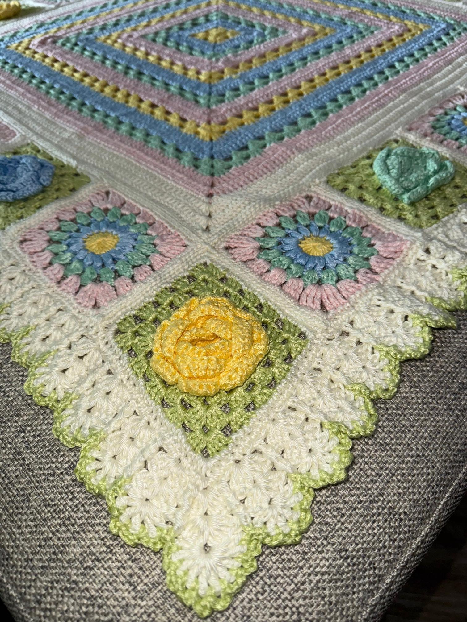Crochet Rainbow Baby Blanket: 3D Flower Squares, Ruffle Border - Thumbnail 6