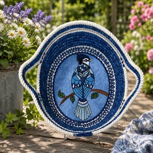 Blue Jay Embroidered Cotton Rope Basket: Handmade Bread/Storage Organizer