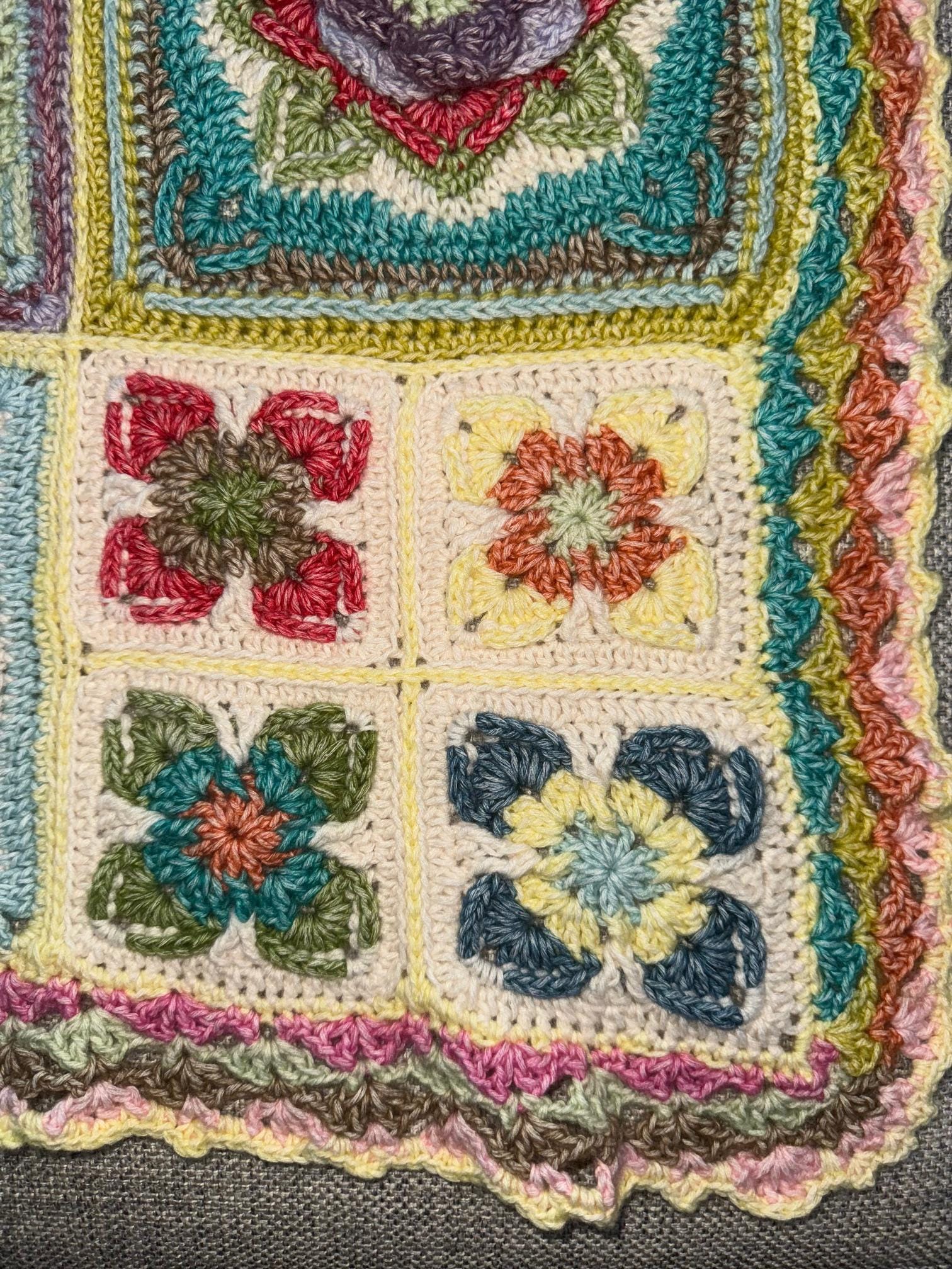 Crocheted Baby Blanket: 3D Flower Granny Squares, Stonewashed Yarn - Thumbnail 6