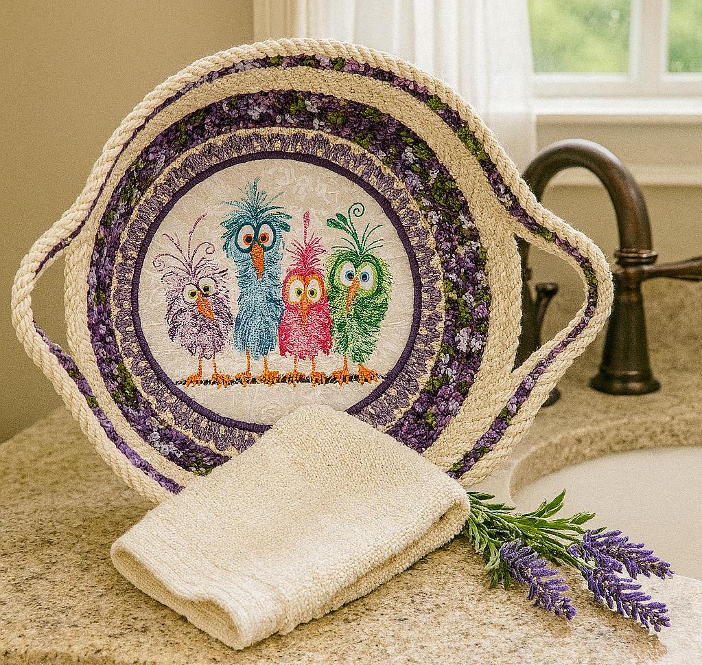 Embroidered Bird Cotton Rope Bowl: Heat Resistant Trivet Basket - Thumbnail 7