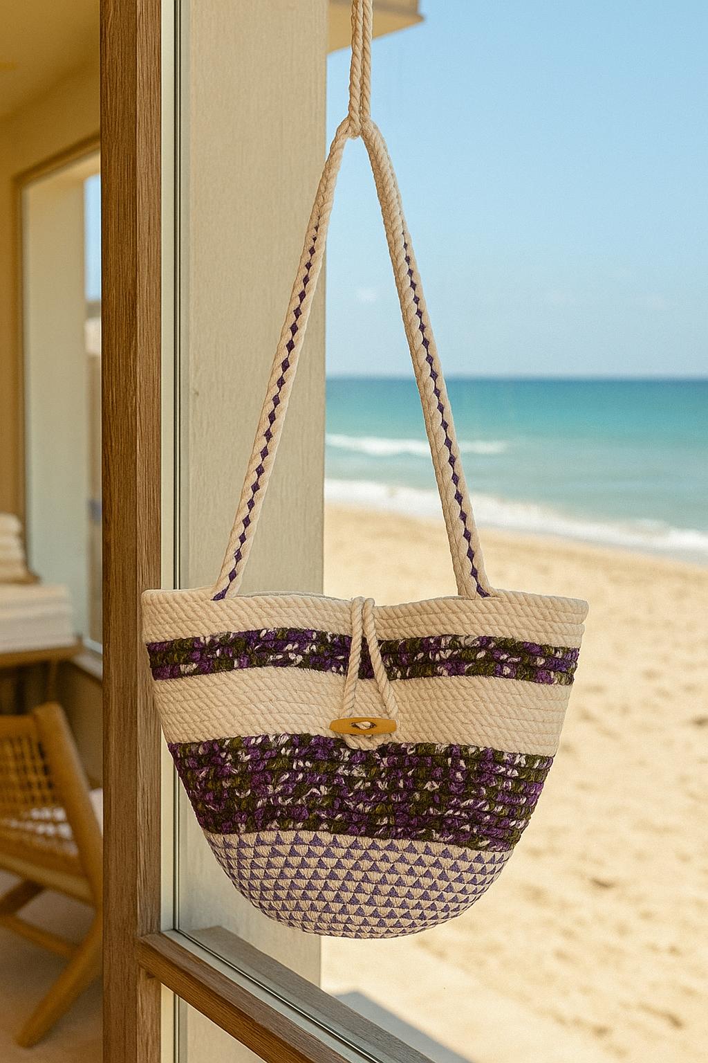 Handmade Purple Cotton Rope Crossbody Bag: Boho Shoulder Purse with Wooden Button - Thumbnail 4