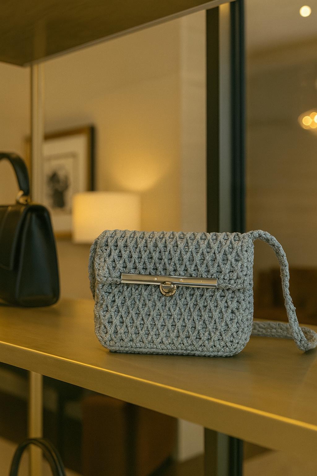 Silver Handmade Crochet Crossbody Bag Evening purse clutch - Thumbnail 2