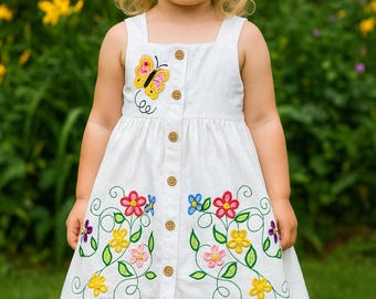 Girls' White Cotton Sundress: Butterfly & Floral Appliqué