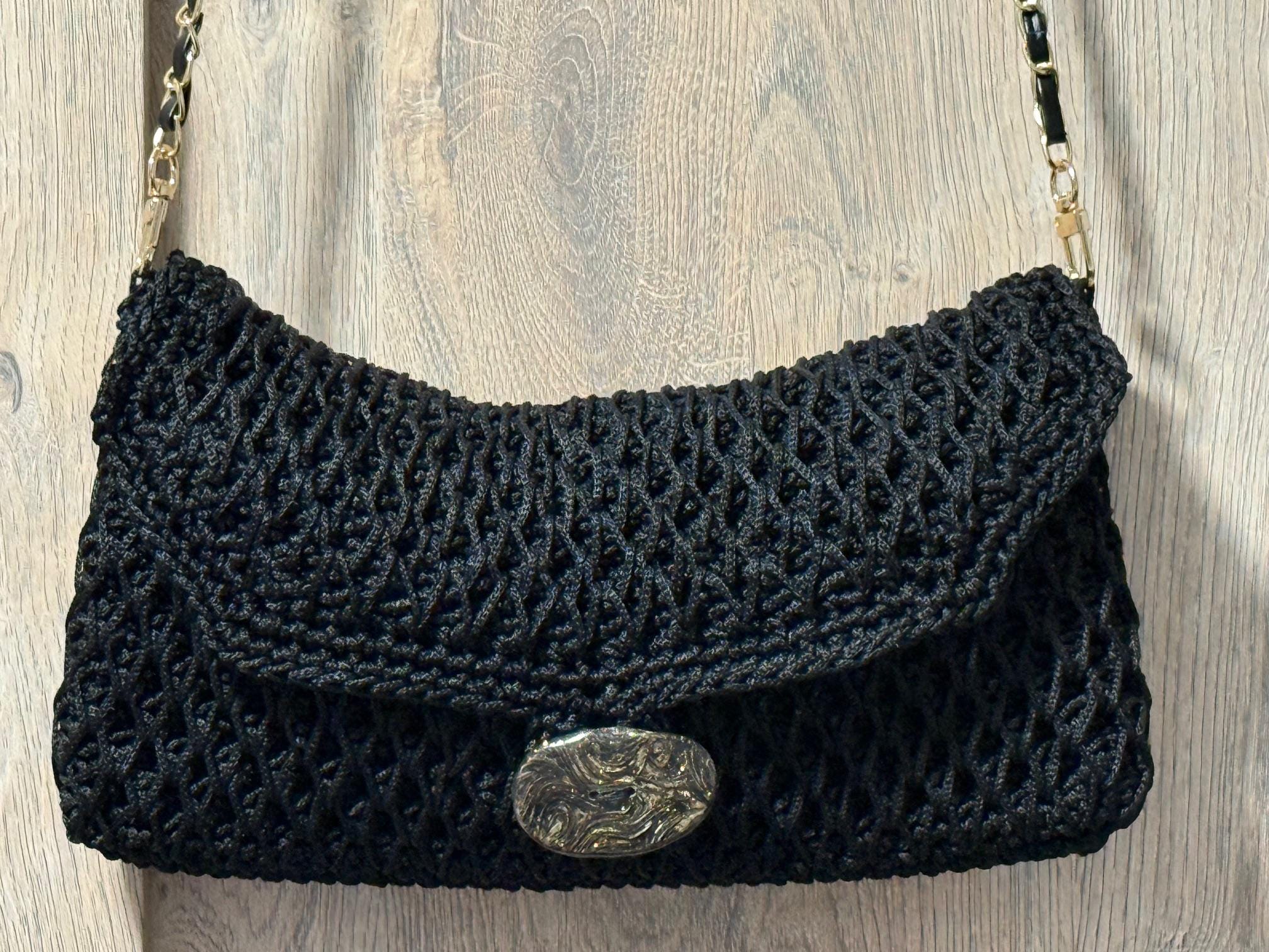 Handmade Black Crocheted Crossbody Bag – Convertible Clutch with Gold Accent Button and Removable Strap - Thumbnail 3
