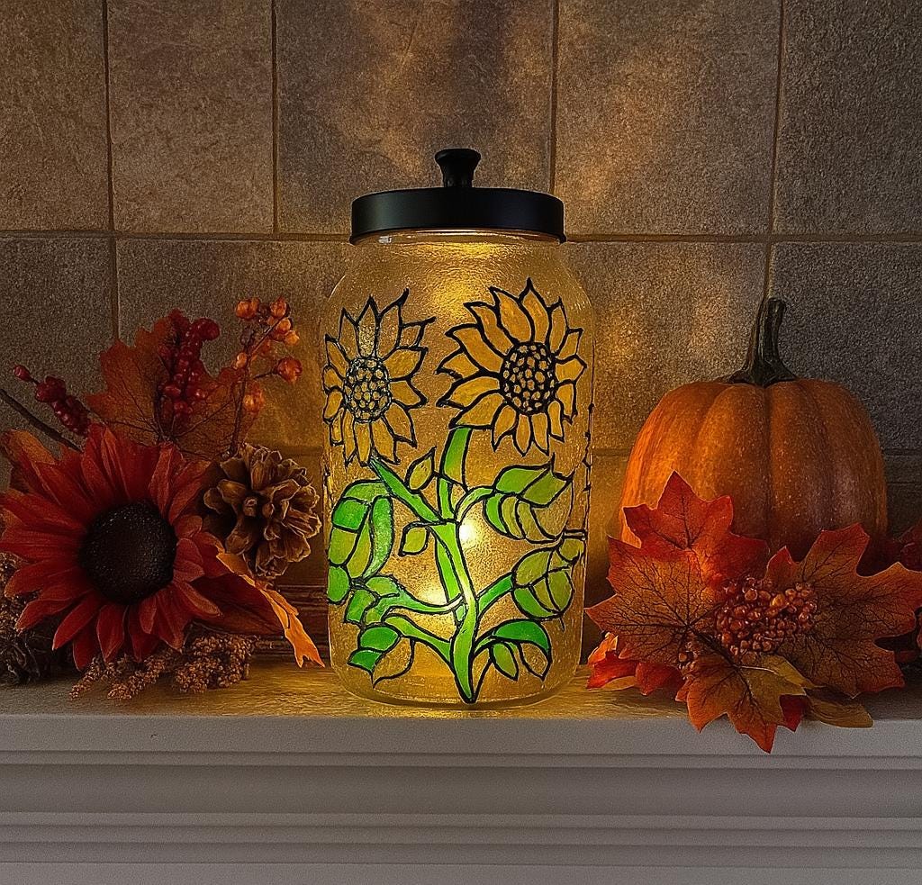 Hand Painted Sunflower Glass Jar: Faux Stained Glass Kitchen Canister - Thumbnail 3