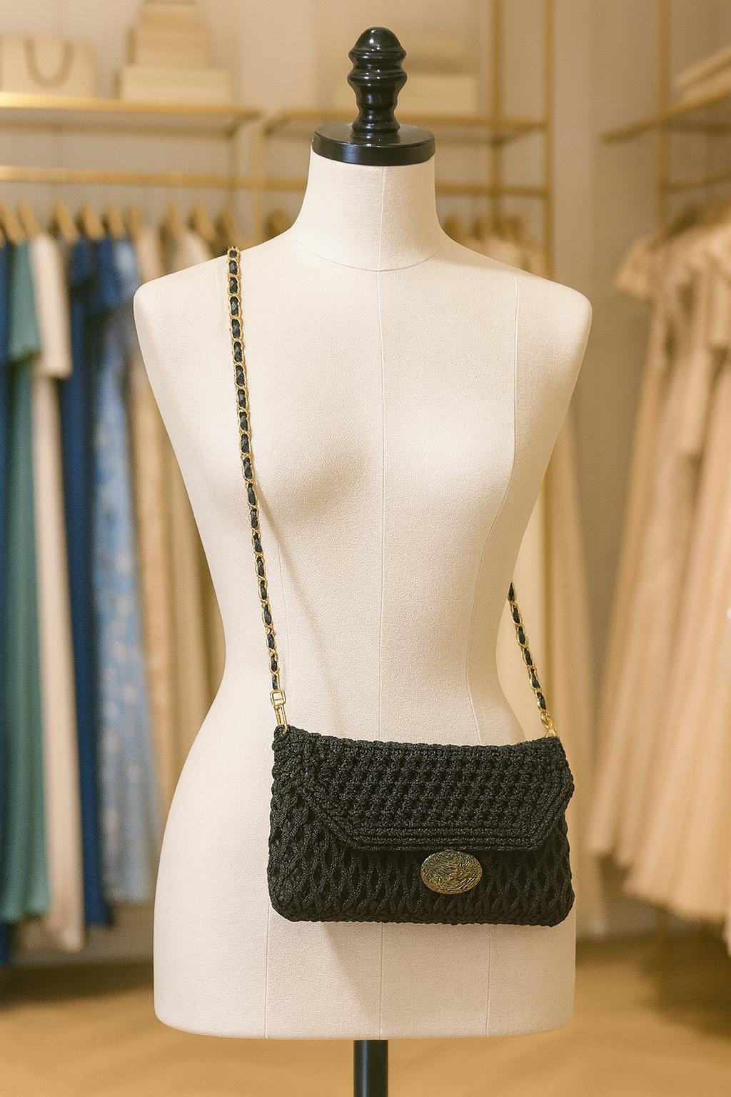 Handmade Black Crocheted Crossbody Bag – Convertible Clutch with Gold Accent Button and Removable Strap - Thumbnail 6