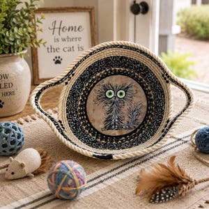 May include: A round, coiled rope basket with two handles, featuring a central fabric panel with a whimsical, fluffy gray cat illustration with large green eyes. The basket has black and cream rope detailing and a sturdy, woven construction.