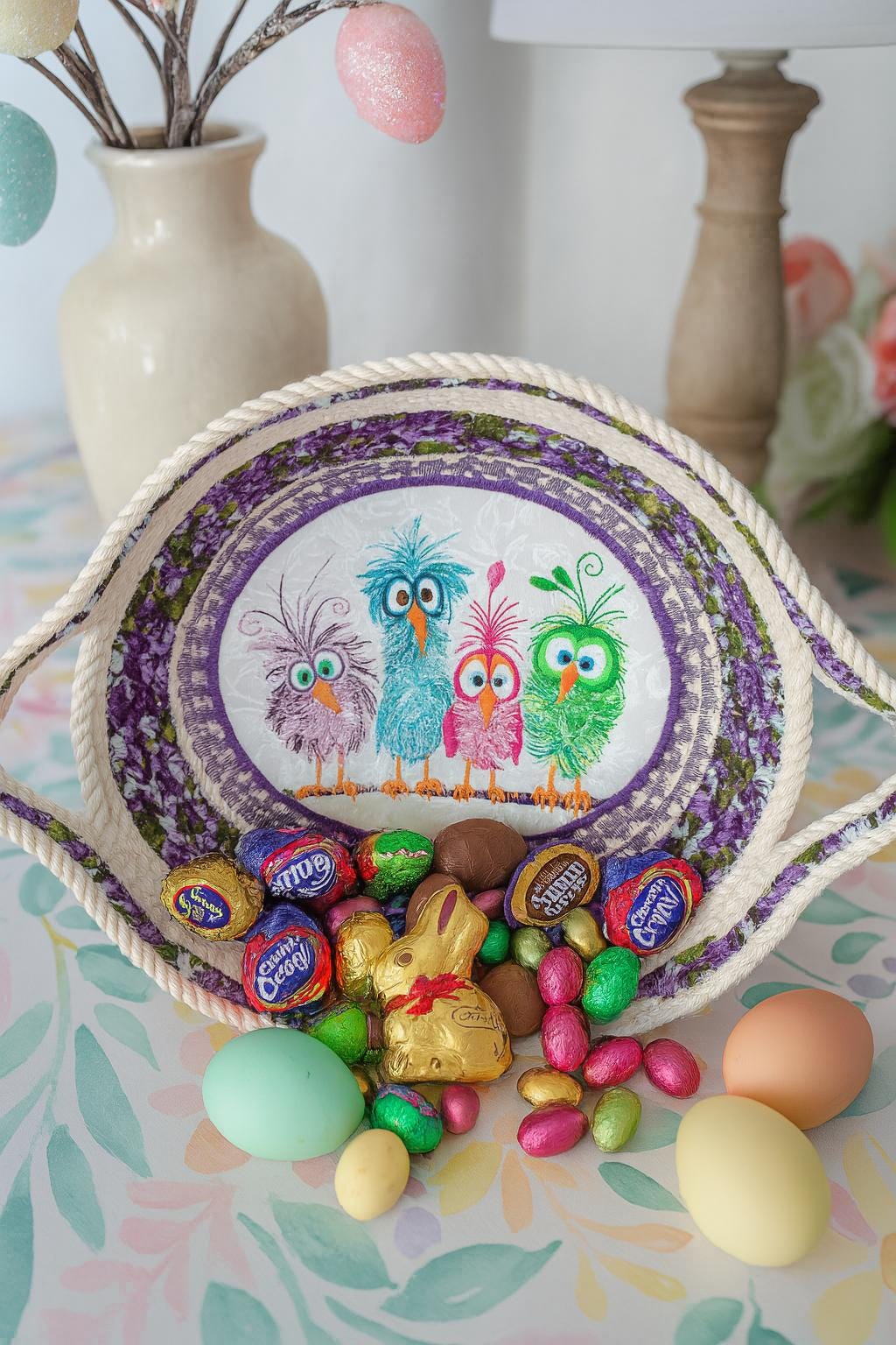 Embroidered Bird Cotton Rope Bowl: Heat Resistant Trivet Basket - Thumbnail 2