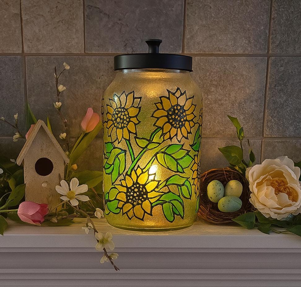 Hand Painted Sunflower Glass Jar: Faux Stained Glass Kitchen Canister - Thumbnail 5