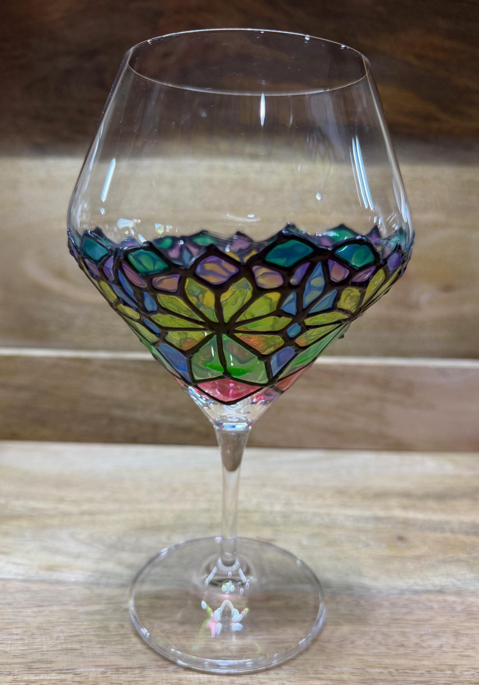 Hand-Painted Faux Stained-Glass Crystal Wine Glasses – Set of 4 | Unique Colorful Wine Glasses | Tiffany Style Glassware | Barware Gift - Thumbnail 6
