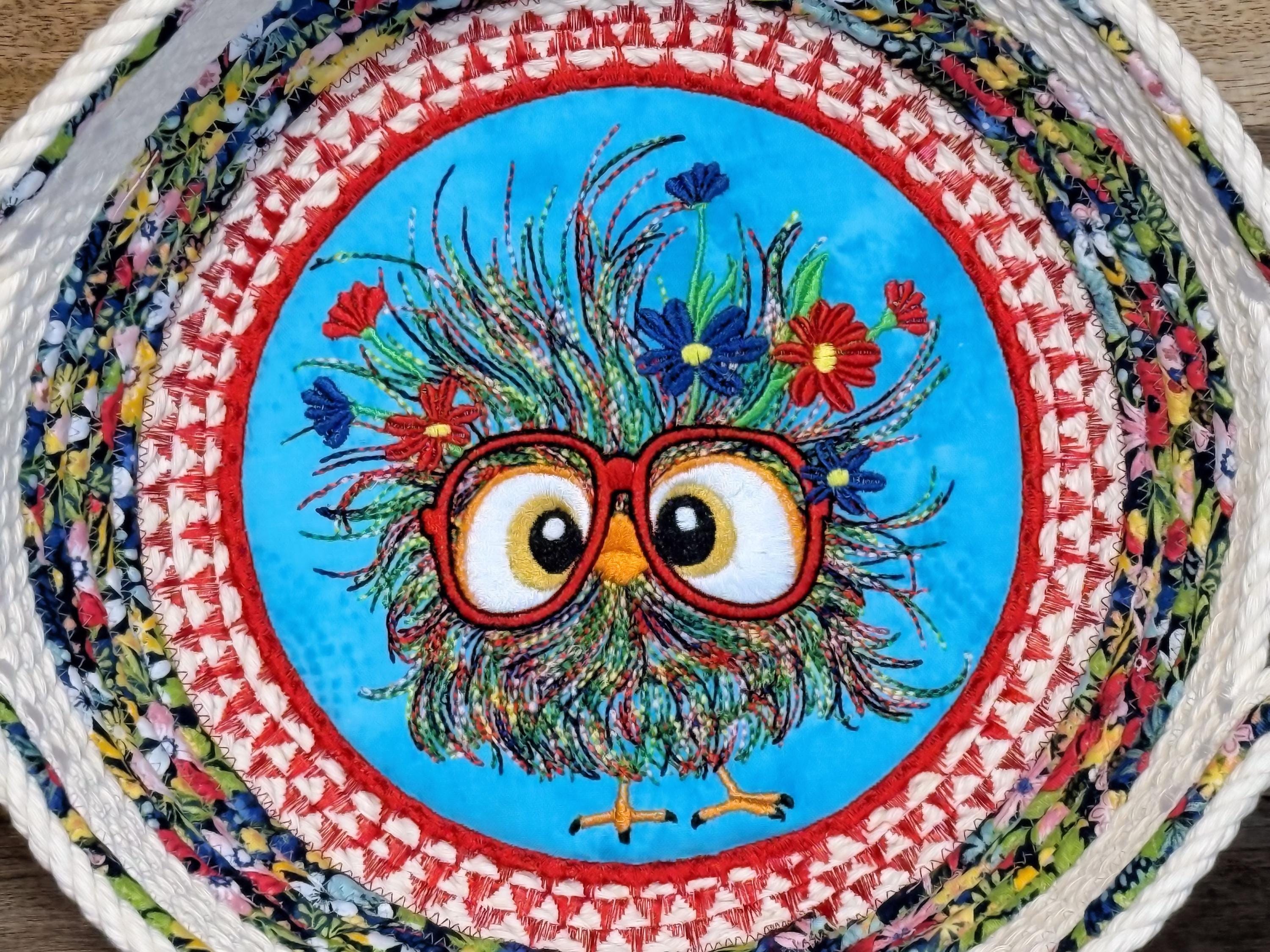 Embroidered Chick Cotton Rope Basket: Handmade Trivet Bowl - Thumbnail 3